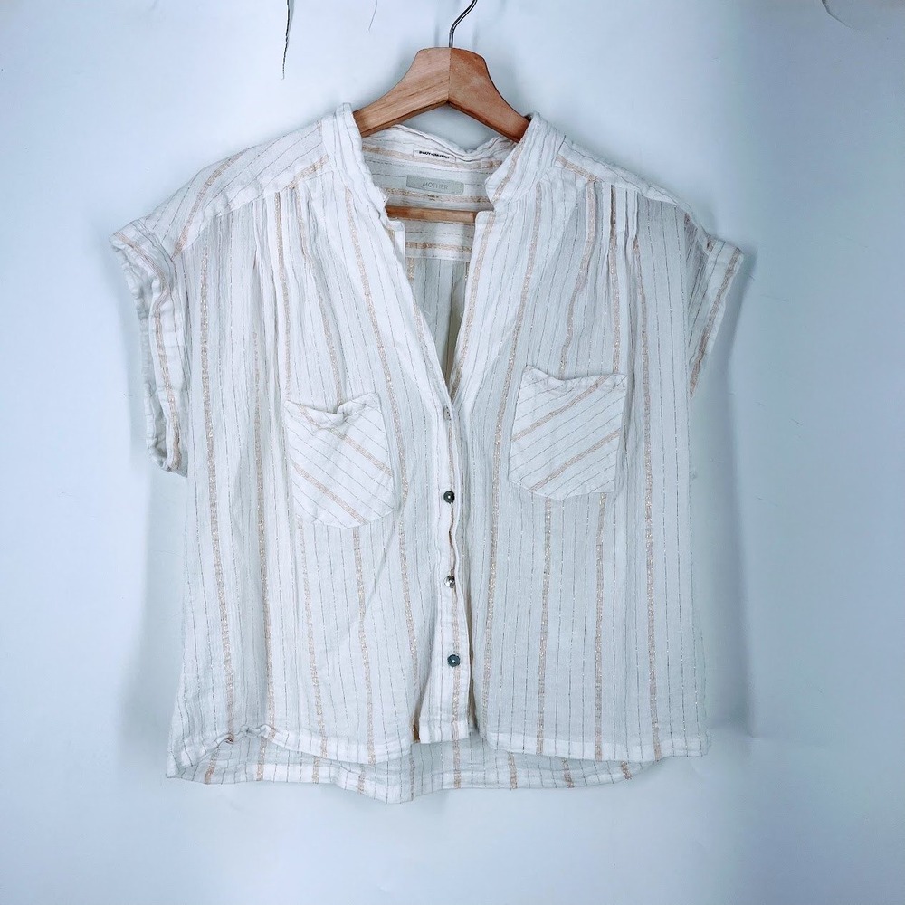 MOTHER The Line Your Pockets Glimmering Light White Gold Striped Top Size L